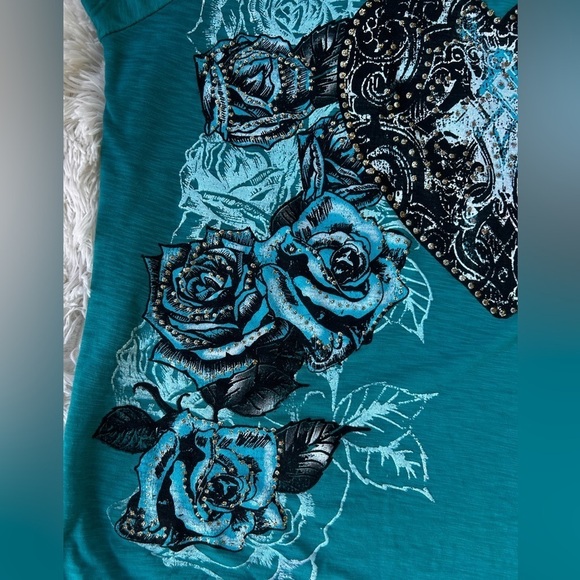 blue rose embellished short sleeve top size XXL - Picture 3 of 16